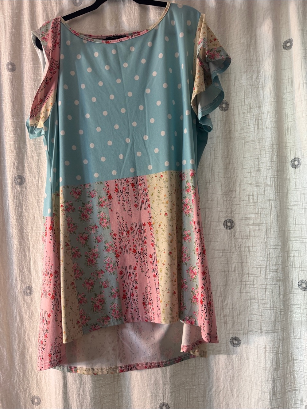 Polka Dot & Floral Patchwork Tunic Top - Blue/Pink